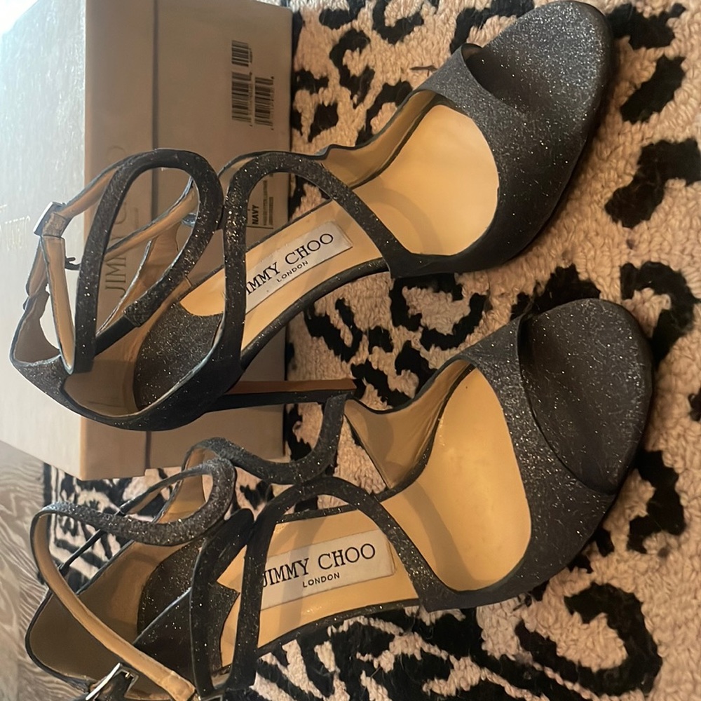 NIB Jimmy Choo Lang Navy Fine Glitter Leather Sandals, Brand New in original box